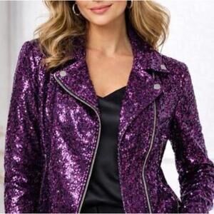 Colleen Lopez Women's Luxe Sequin Purple Moto Jacket - Size XL